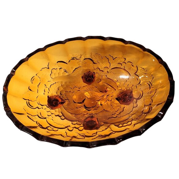 Indiana Glass Fruit Harvest Grape Amber Footed Oval Bowl Amber Fall 12'' USA - Picture 3 of 7